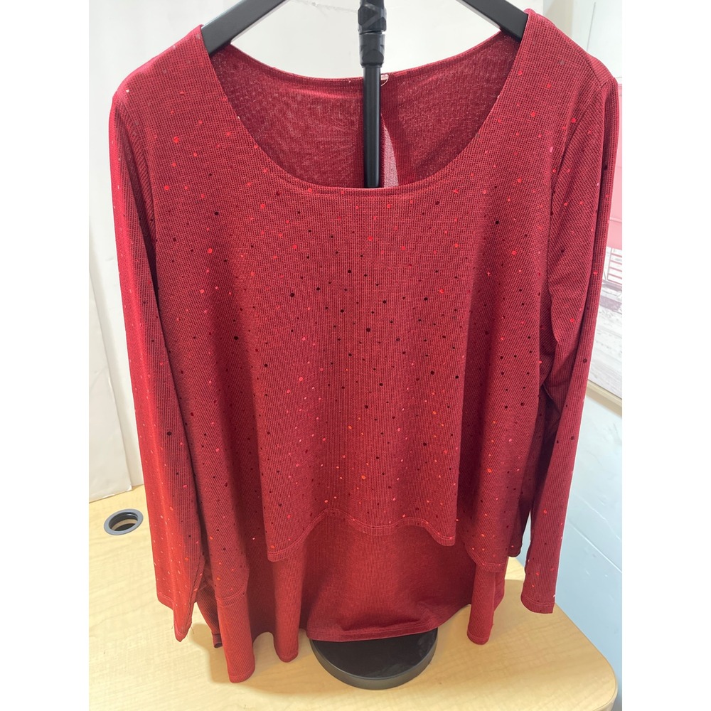 Wine Red Sequin Layered Long Sleeve Top Split Back Sparkle Knit Blouse